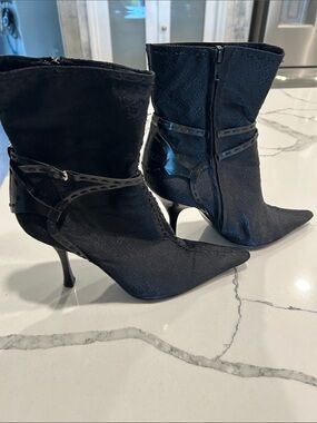 BCBG Black Pointed Toe Ankle Boots with Strap Detail